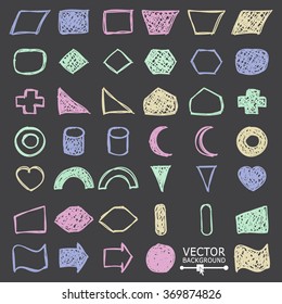 Set of Bright Hand Drawn Pencil Colorful Figures on Black Background. Vector illustration.
