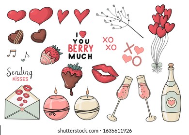 Set of bright hand drawn vector romantic symbols of Valentine's Day isolated on white background. Suitable for party, romantic event, wrapping paper, cards, invitations, gifts, fabrics, wallpapers.