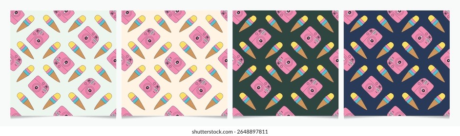 Set of bright hand drawn vector seamless patterns with retro camera and ice cream cone, Summer Beach collection. 