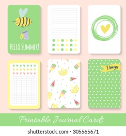 Set of bright hand-drawn cards with fruit. Lovely summer design. Template for scrapbooking, wrapping, congratulations, invitations, printable card. Vector