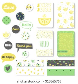 Set of bright hand-drawn cards with fruit. Lovely summer design. Template for scrapbooking, wrapping, congratulations, invitations, printable card. Vector