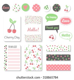 Set of bright hand-drawn cards with fruit. Lovely summer design. Template for scrapbooking, wrapping, congratulations, invitations, printable card. Vector