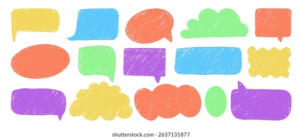 A set of bright hand-drawn text boxes. Textured mixed speech bubbles. Design elements for memo and messages.