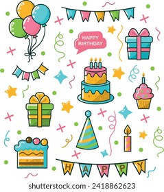 A set of bright happy birthday doodle stickers on a transparent background. Icons template for the design of cards, banners, covers, invitations.