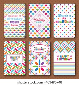 Set of bright happy birthday invitation cards for party celebration. Vector illustration. Cute geometric pattern decoration. Funky kid collection.Wave polka dot heart flower shapes