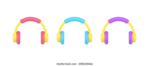 Set bright headphones with dynamics for loud music listening enjoying audio sound template 3d icon vector illustration. Collection earphones rhythm bass melody acoustic application isolated on white