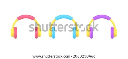 Set bright headphones with dynamics for loud music listening enjoying audio sound template 3d icon vector illustration. Collection earphones rhythm bass melody acoustic application isolated on white
