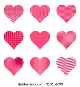 Set of bright hearts with pattern, vector illustration