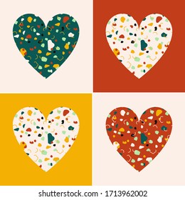 Set of bright hearts with stone texture.