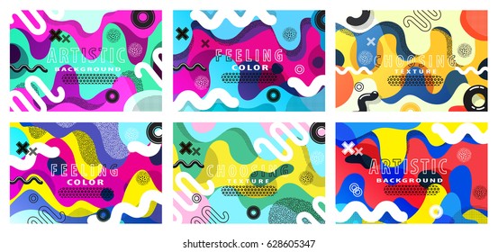 Set of bright and high contrast background for poster, card, flyer, brochure and web design. Pop art, memphis and 80s style waves.