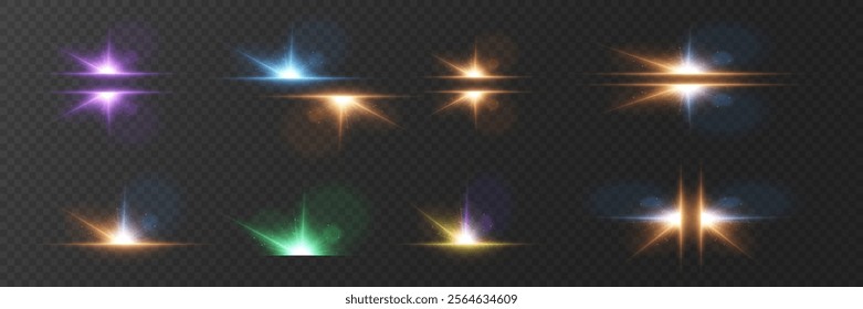 Set of bright highlights and light. Star and lens flare, light effect. On a transparent background.