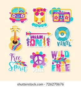 A Set Of Bright hippie subculture Themed Badges label vector illustration