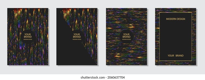 Set of bright holiday covers. Backgrounds with grunge texture, geometric shiny pattern. Collection of vertical vector templates for catalog, brochure template, magazine layout, booklet, flyer.