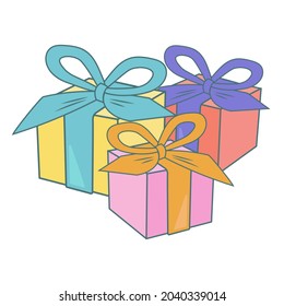 Set of bright holiday gifts in a flat style. Unexpected surprise in colorful boxes. Three gifts for the family. A special holiday - Birthday with a bouquet of gifts. Isolated vector flat design.