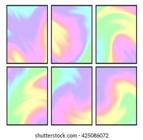 Set of bright holographic backgrounds. Modern trendy design for cards, posters, book covers, brochures, web banners. Different colors. Abstract vector illustration.