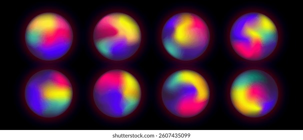 Set of bright holographic circles mesh gradient on black background, Vector illustration fluid liquid energy accumulation gradient ball.