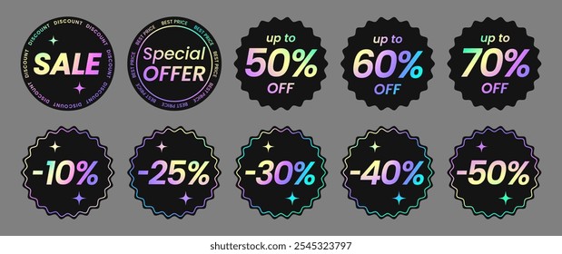 Set heller holografischer runder Aufkleber, Etikett mit holografischem Effekt. Shiny Regenbogen Emblem Verkauf, bis zu 50% Rabatt, 40%, 60%, 70%, 10%, 20%, Rabatt, bester Preis, Sonderangebot. EPS10 (isolierter Vektor)

