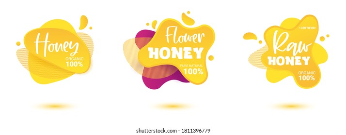 Set of bright honey vector label. Bright and shine stickers, labels, tags and banners for honey product. For badges and tags of fresh market, farmers market, eco shop, green bar, beekeeper