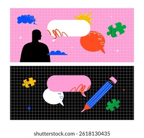 A set of bright horizontal banners with speech bubbles, a human silhouette, a large pencil, puzzle pieces and clouds. Abstract design template for psychological themes and announcements.
