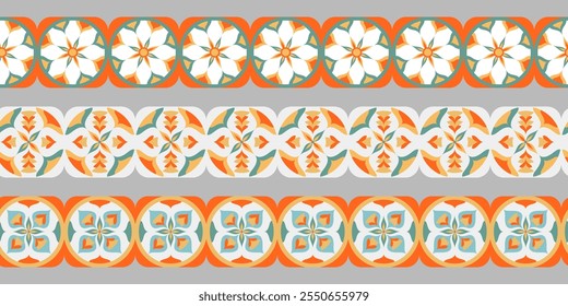 Conjunto de ornamentos Horizontales brillantes en estilo asiático oriental. Divisores de Vector de patrones gráficos planos. Líneas interminables de fondo Horizontal, patrones repetitivos. Decoración festiva de las cintas 