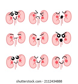 Set of bright human kidneys with cute faces, medical icons on white