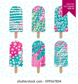 set of bright ice cream.  Splashes of paint with hand drawn elements. Doodle