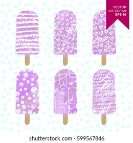 set of bright ice cream.  Splashes of paint with hand drawn elements. Doodle