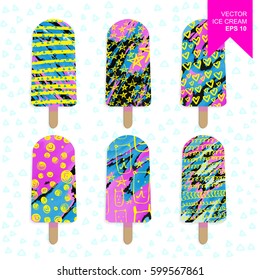 set of bright ice cream.  Splashes of paint with hand drawn elements. Doodle