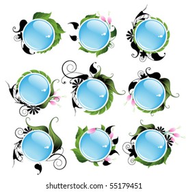 Set of bright icons of environment. Conceptual aqua buttons.