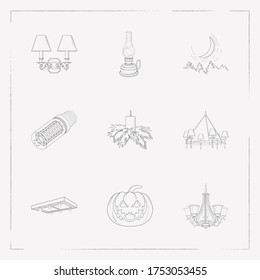 Set of bright icons line style symbols with chandelier, kerosene lamp, led light icons for your web mobile app logo design.