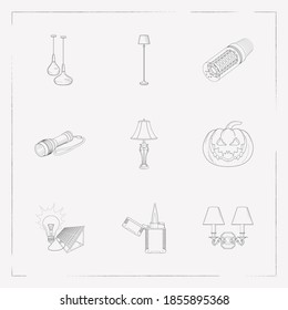 Set of bright icons line style symbols with floor lamp, ceiling, pendant lights and other icons for your web mobile app logo design.