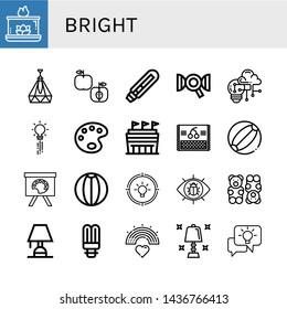 Set of bright icons such as Aromatic candle, Ceiling lamp, Apple, Light bulb, Dna, Creativity, Paint palette, Stadium, Cherry, Beach ball, Painting palette, Idea, View , bright