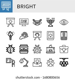 Set of bright icons. Such as Painting palette, Idea, Eye, Menorah, View, Torch, Rainbow, Jelly beans, Ladybug, Artificial light, Aromatic candle, Flash, Lamp , bright icons