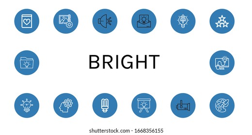 Set of bright icons. Such as Romantic novel, Brightness, Light, Idea, Lightbulb, Stars, Innovation, Light bulb, Spotlight, Palette , bright icons