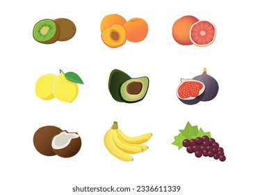 Set of bright icons with tropical fruits on a white background