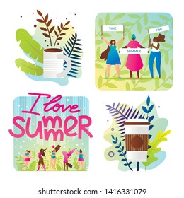 Set Bright Illustrations I Love Summer Cartoon. Group Women Requires Vacation in Summer. Girls in Swimsuits are Actively Involved in Sports During Summer Season. Poster Cup Coffee.