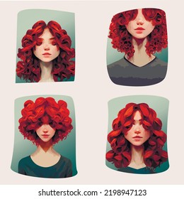 A set of bright illustrations of a red-haired girl. Curly hairstyles, emotions of a charming young girl