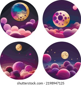 Set of bright illustrations. Space planets. purple space. Cosmic elements
