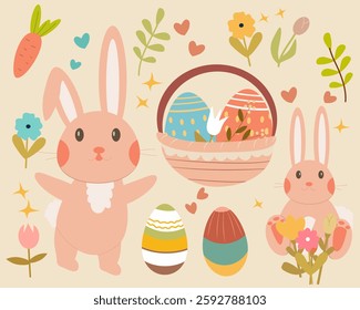 set of bright illustrations spring and easter funny Easter bunnies and baskets with Easter eggs pictures with hares eggs and spring flowers