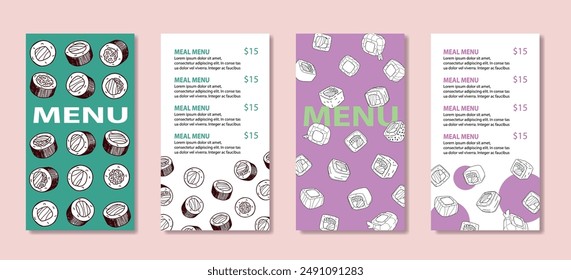 set of bright illustrations of a sushi menu with linear images of rolls