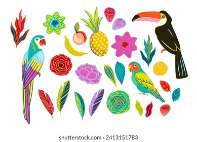 A set of bright illustrations of tropical birds, flowers and fruits. Isolated elements. Vector design