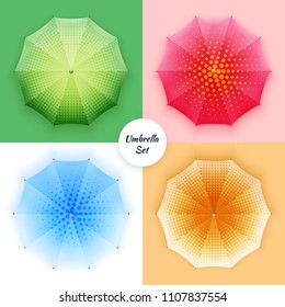 A set of bright images of umbrellas. Vector illustration. Protection from rain and sun. Rest in the open air.