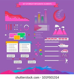 Set of bright infographic elements. Various charts and graphs on the theme of travel and movement speed. Illustration of a bright mountain landscape.