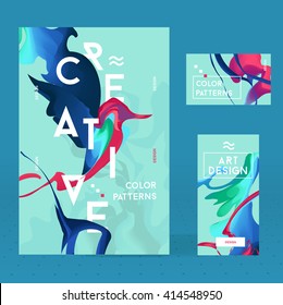 Set Of Bright  Ink With Abstract Bird For A Different Design. Modern Style Trends. Liquid Ink. Vector Frame For Text And Labels. 