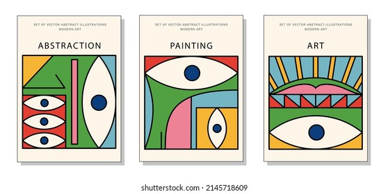 A set of bright interior paintings. Colorful face stylization. Modern abstraction. Art, fashion, style. Suitable for covers, posters, stickers. Vector illustration.