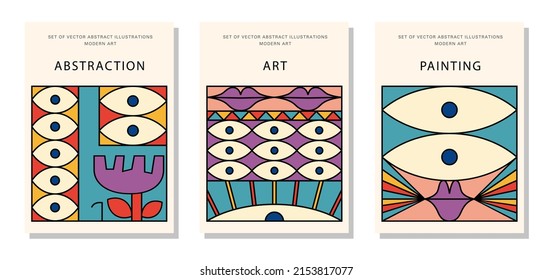 A set of bright interior paintings. Colorful face stylization. Modern abstraction. Art, fashion, style. Suitable for covers, posters, stickers. Vector illustration.