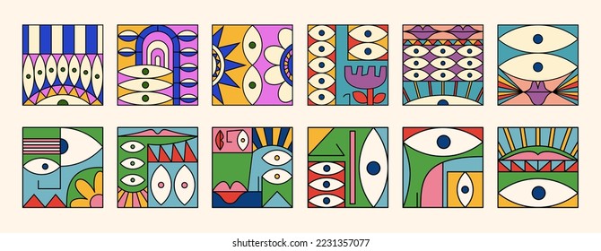 A set of bright interior paintings. Colorful face stylization. Modern abstraction. Art, fashion, style. Suitable for covers, posters, stickers. Vector illustration.