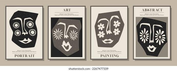 A set of bright interior paintings. Colorful face stylization. Modern abstraction. Art, fashion, style. Self made. Vector illustration.