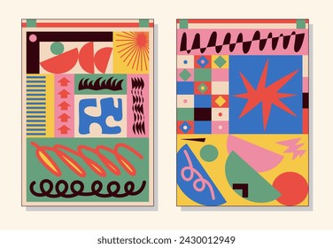 A set of bright interior paintings. Colorful stylization of objects. Modern abstraction. Art, fashion, style. Suitable for covers, posters, stickers. Vector illustration.