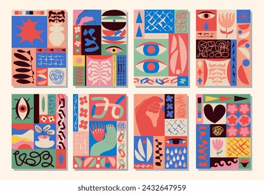 A set of bright interior paintings. Colorful stylization of various objects. Modern abstraction. Art, fashion, style, mood. Suitable for covers, posters, stickers. Vector illustration.